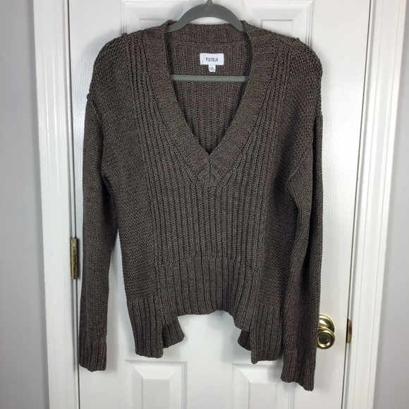 Pistola Drea Brown Ribbed Sweater Women Size XS V Neck Chunky Knit - Picture 2 of 5